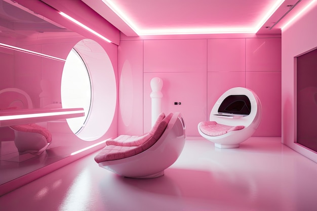 Sala futurista rosa com aparelhos de alta tecnologia e móveis elegantes