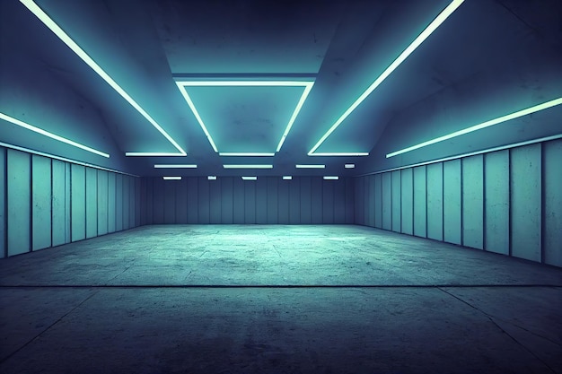 Sala futurista vacía moderna en estilo ciberpunk de neón Luz cinematográfica realista Diseño de plantilla de salas de locales cibernéticos Luz azul neón en una sala de hormigón Ilustración 3D