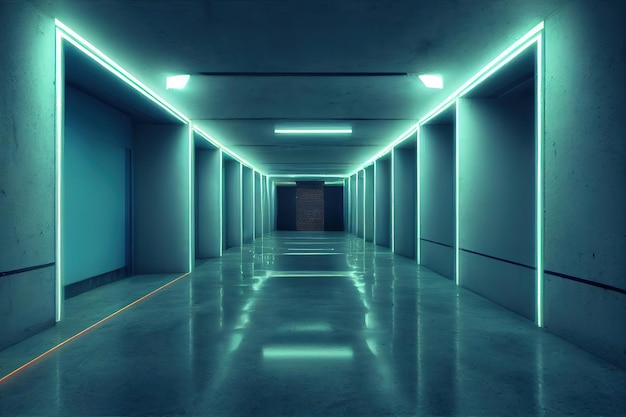 Sala futurista vazia moderna em estilo neon cyberpunk luz cinematográfica realista modelo de layout de salas de instalações cibernéticas corredor com luzes de néon ilustração 3d