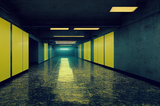 Sala futurista vazia moderna em estilo neon cyberpunk Luz cinematográfica realista Modelo de layout de salas de instalações cibernéticas Corredor com paredes cinza-amarelo e piso brilhante ilustração 3D