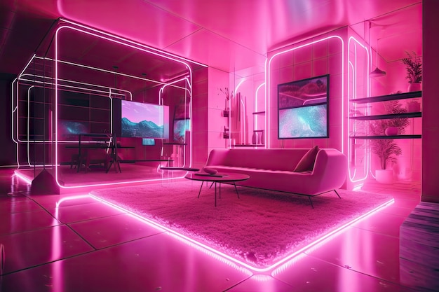 Sala futurística rosa com projeções holográficas e avanços tecnológicos