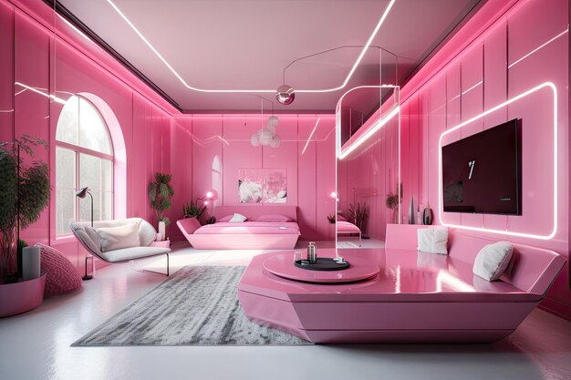 Sala futurística rosa com telas holográficas flutuantes, detalhes metálicos e design elegante