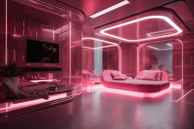 Sala futurística rosa com telas holográficas flutuantes, detalhes metálicos e design elegante