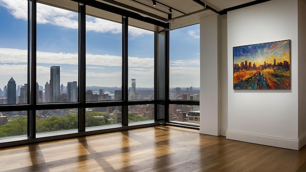 Foto sala de galería con ventanas de piso a techo y vista a la ciudad