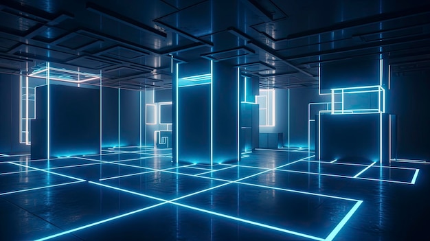 Sala de geometría azul elegante y moderna con detalles brillantes para alta tecnología y temas futuristas