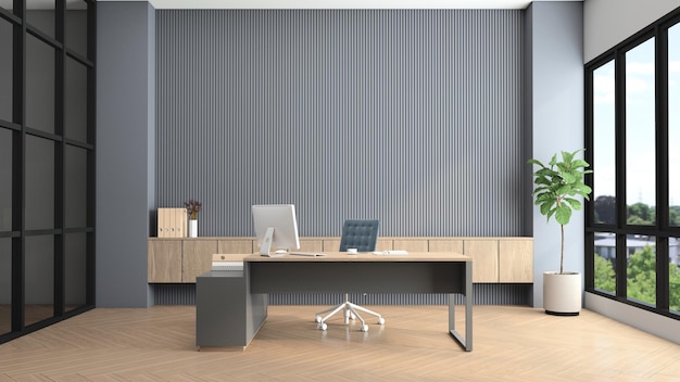 Sala de gerente moderna con escritorio y pared de listones grises de computadora y gabinete de madera incorporado 3d renderizado