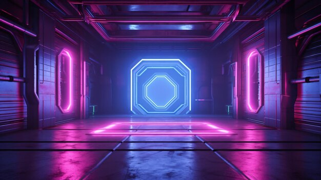 Sala de hormigón futurista de ciencia ficción con luz de neón brillante