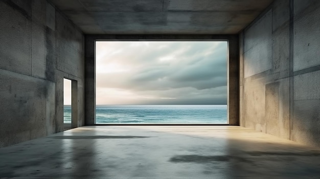 Sala de hormigón moderna vacía abstracta con apertura con vista al mar en la pared trasera IA generativa