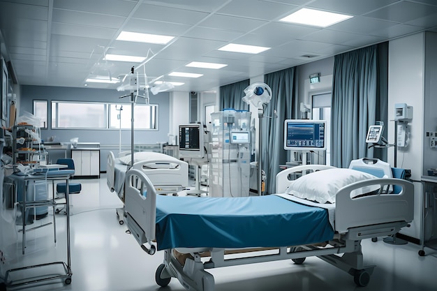 Sala de hospital equipada con equipo de monitoreo de camas médicas y suministros esenciales