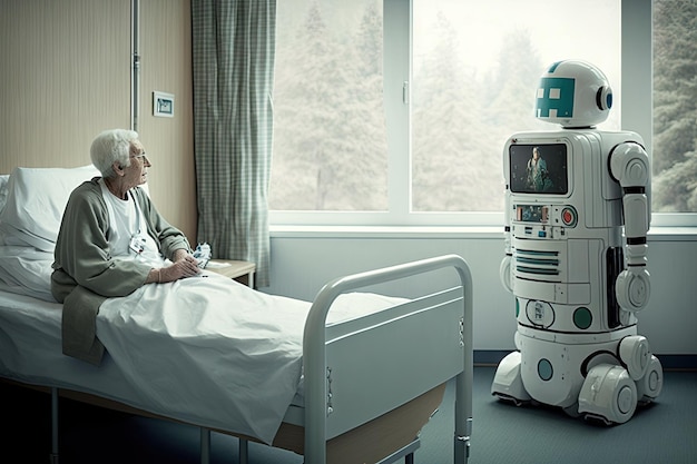 Sala de hospital con robot androide que ayuda a una persona mayor a entrar