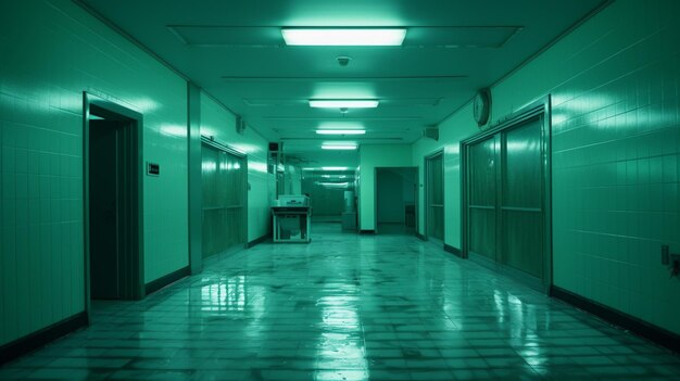 Sala de hospital vacía con IA generativa de luz verde aguamarina