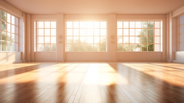 Sala iluminada pelo sol com chão de madeira melhorada pela IA generativa