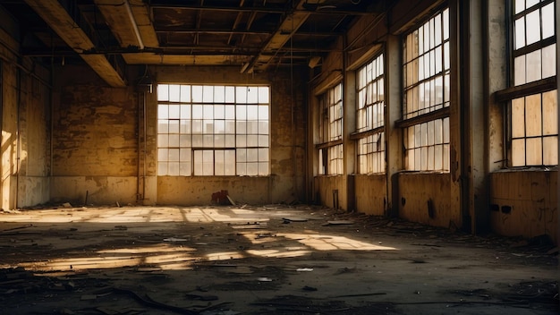 Sala industrial abandonada con luz solar