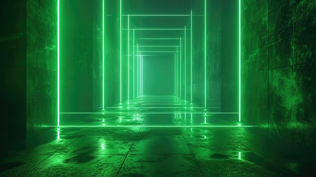 Sala industrial de fondo de túnel oscuro con luz verde conducida interior de pasillo o garaje moderno abstracto Concepto de sala de mármol de hormigón estudio industria de construcción de láser