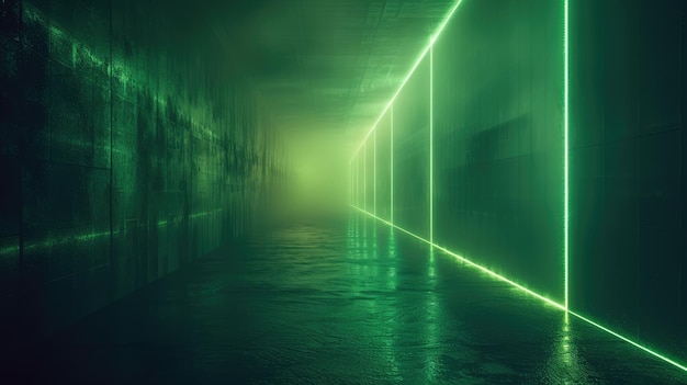 Sala industrial de fondo de túnel oscuro con luz verde LED interior de pasillo o garaje moderno abstracto Concepto de almacén de hall de hormigón estudio tecnología láser