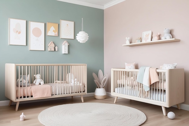 Sala de infantes de inspiración escandinava con muebles minimalistas y colores pastel suaves