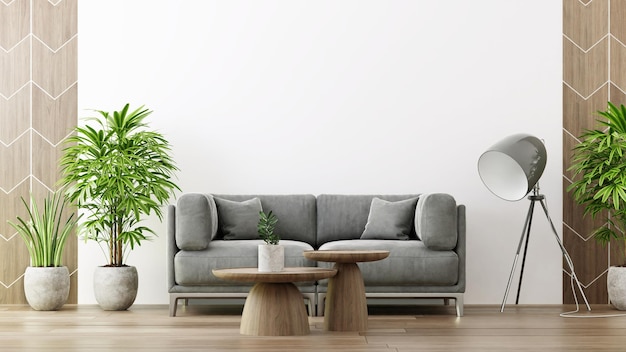 Sala interior branca com sofá e planta 3d renderização