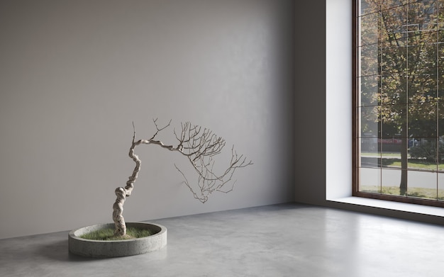 Sala interior da galeria com parede vazia e árvore decorativa Conceito da galeria Mock up 3D Rendering