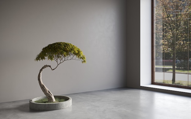 Foto sala interior da galeria com parede vazia e árvore decorativa conceito da galeria mock up 3d rendering