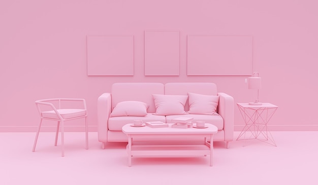 Sala interior em cor rosa monocromática simples com móveis e acessórios de quarto Fundo claro com espaço de cópia Renderização em 3D para apresentação de página da web ou fundos de moldura de imagem