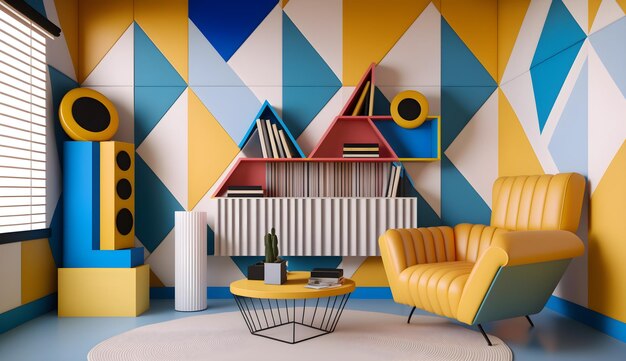 Sala interior estética coloridaretro futurista colorido estúdio generativo ai