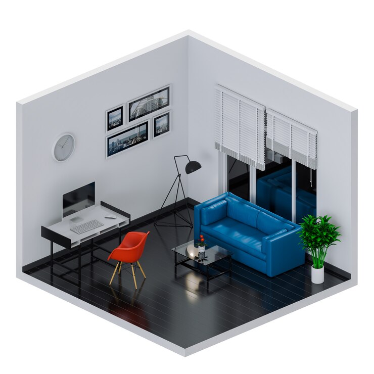 Sala interior para a área de trabalho com computador de secretária. 3d render