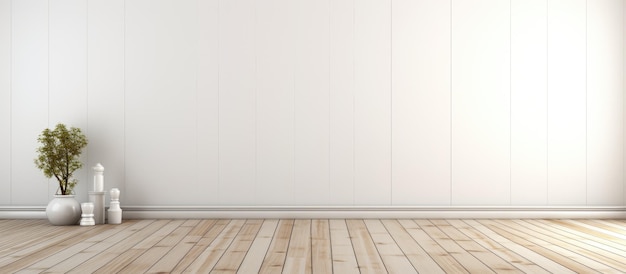 Sala interior con suelo de madera y fondo de pared blanca
