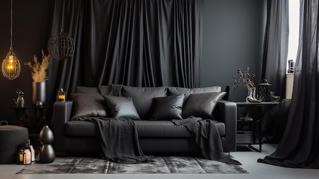 Sala interior toda preta com sofá e cortinas