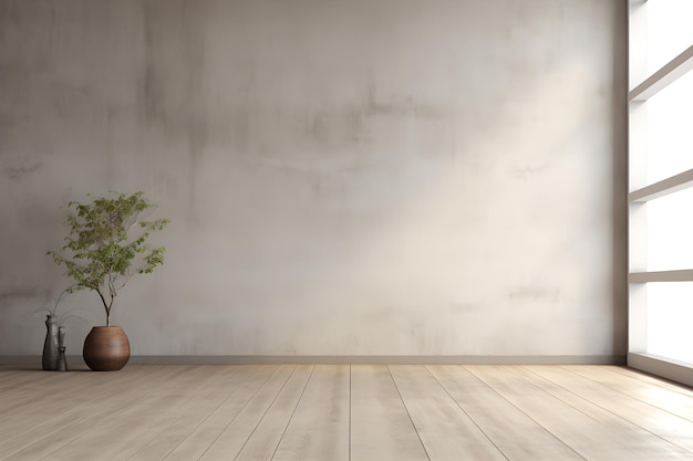 Sala interior vazia com piso de madeira e parede aberta no estilo de concreto polido ai gerar