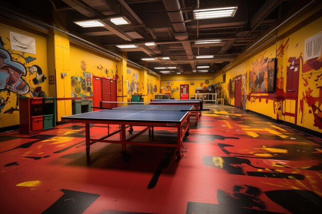 Sala de juegos animada con IA generativa de ping pong y baloncesto.