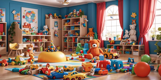 Sala de juegos colorida con juguetes y materiales educativos.