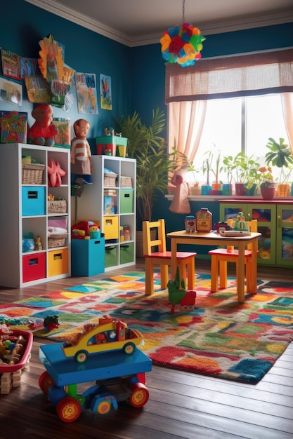 Foto sala de juegos colorida para niños llena de juguetes y libros creados con ia generativa