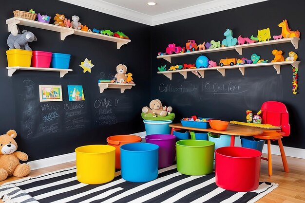 Foto sala de juegos colorida para niños con una pared de pizarra y contenedores de juguetes