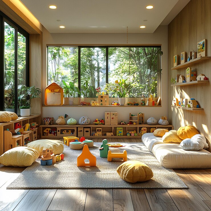 Sala de juegos ecológica para niños con juguetes sostenibles
