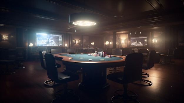 Una sala de juegos con fichas de póquer en el fondo