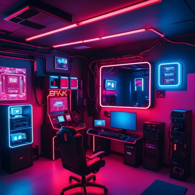 Sala de juegos de fotos con hardware y equipos coloreados en luz roja y azul