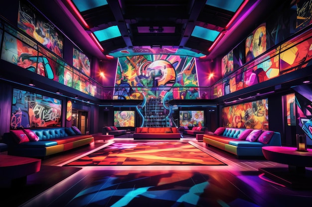 Sala de juegos futurista con coloridas luces de neón Representación 3D de una tranquila discoteca con un lujoso salón de baile lleno de clientes bailando con la música generada por IA