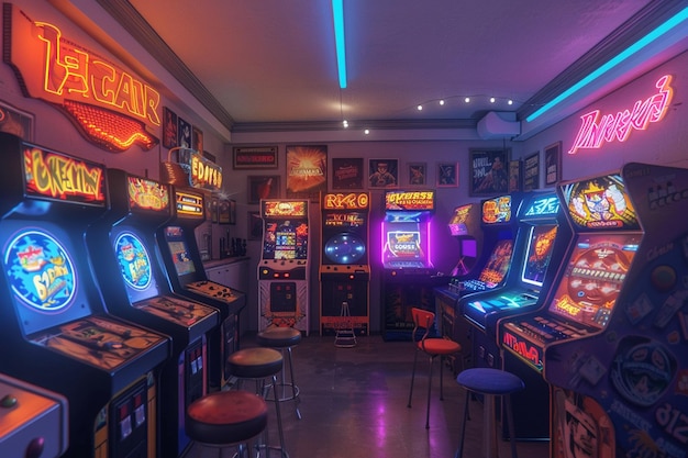 Sala de juegos de inspiración retro con juegos de arcade antiguos