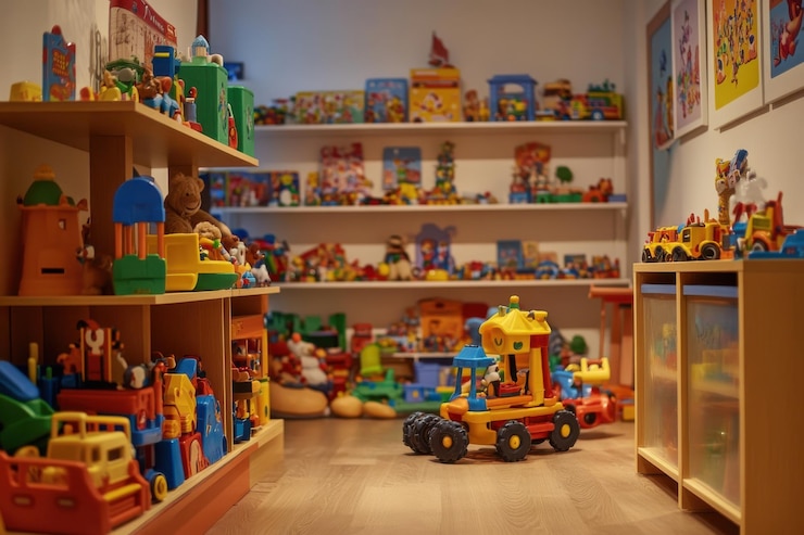 Sala de juegos llena de juguetes de plástico coloridos dispuestos en estantes y en el suelo