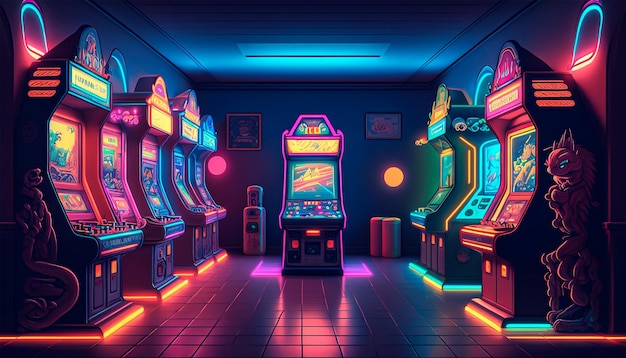 Una sala de juegos con luces de neón y una máquina de juegos.