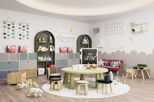 Sala de juegos moderna interior para niños con decoración y juguetes