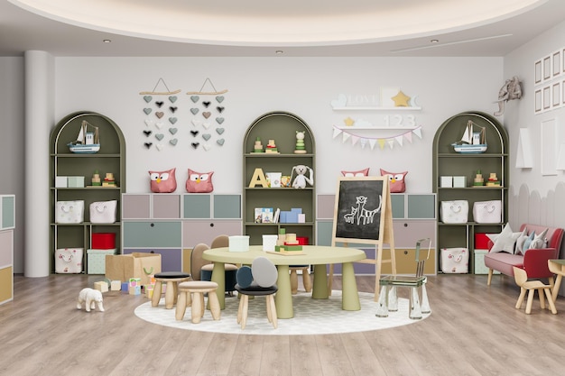 Sala de juegos moderna interior para niños con decoración y juguetes