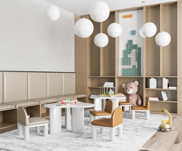 Sala de juegos moderna interior para niños con decoración y juguetes