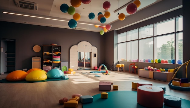 Sala de juegos multicolor brillante con decoración de juguetes lúdica generada por IA