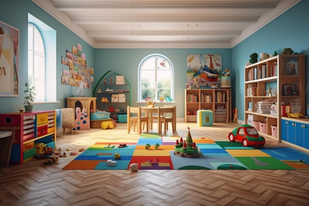 Sala de juegos para niños colorida y divertida llena de juguetes y juegos IA generativa