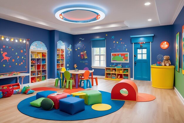 Sala de juegos para niños con juegos educativos interactivos e iluminación adaptativa