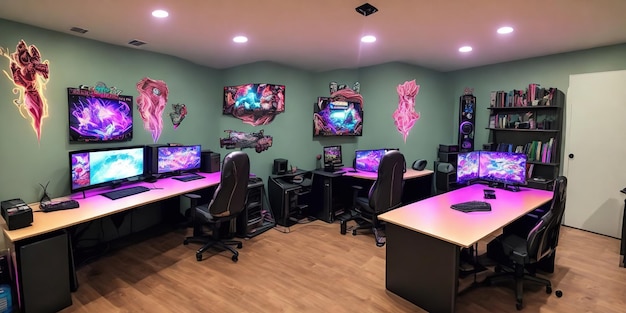 Una sala de juegos con una pared verde y una pared rosa con una sala de juegos con un escritorio para computadora y una pared rosa con un letrero rosa que dice "sala de juegos".