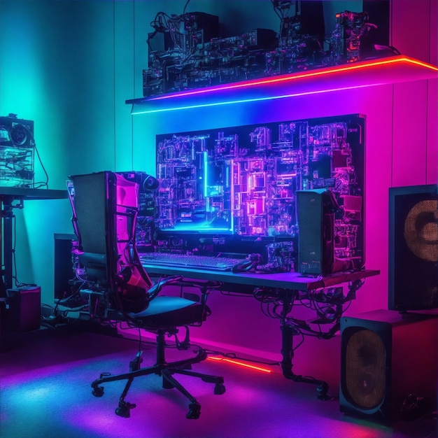 Sala de juegos con una poderosa PC, un atronador sistema de sonido y una deslumbrante configuración LED RGB