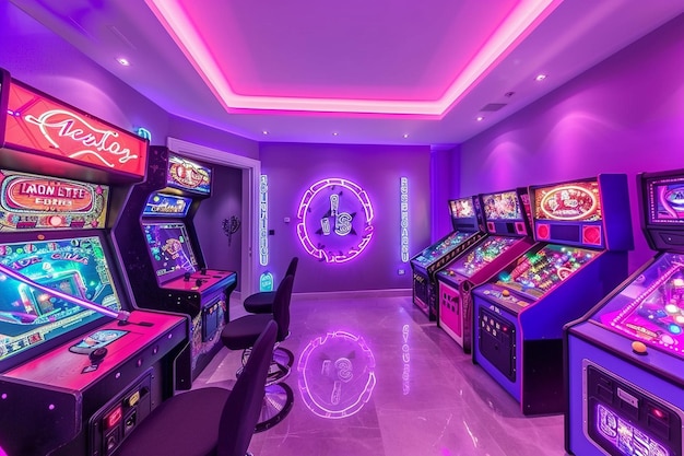 Sala de juegos retro con máquinas de arcade antiguas y letreros de neón