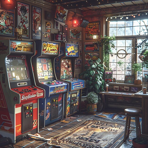 Sala de juegos retro con máquinas de juego antiguas